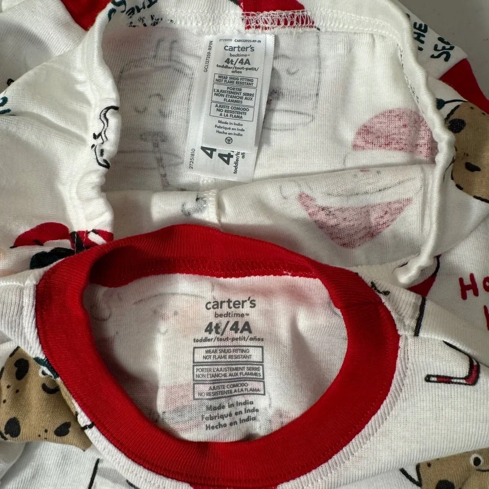 Carter's Pajama Set Unisex Kids 4T White Red Santa Cookies Christmas SnugFit NEW